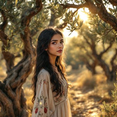 The primary subject of the image is a woman standing in a field with trees in the background. She is wearing a flowery dress and appears to be looking at the camera. The setting is a natural environment with trees surrounding the woman. The visual style of the image is a photo, capturing the woman's beauty and the serene atmosphere of the field. The colors in the image are predominantly earthy tones, creating a calm and peaceful mood.